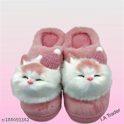 Winter Warm Pink Cute Cat Soft Fuzzy Premium Faux Fur Flip Flops And