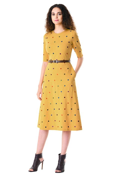 Shop Polka Dot Embellished Cotton Knit Belted Dress Eshakti