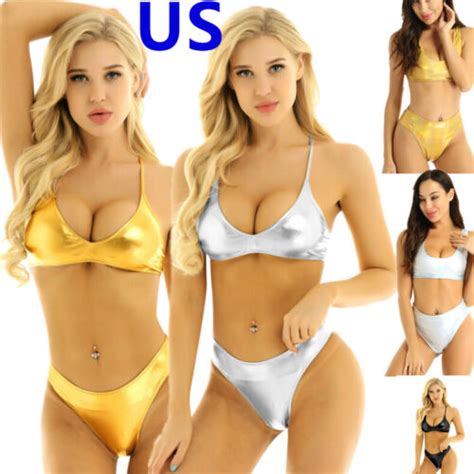 Women S Shiny Metallic Bikini Set Swimsuit Cross Back Bra Tops With