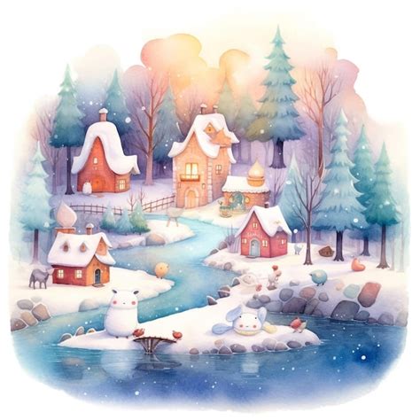 Premium Photo | A watercolor painting of a snowy village with a snowy ...