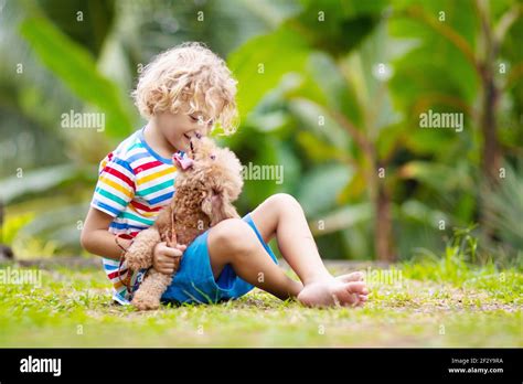 Kids Play With Cute Little Puppy Children And Baby Dog Playing In