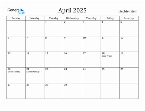 April 2025 Monthly Calendar with Liechtenstein Holidays