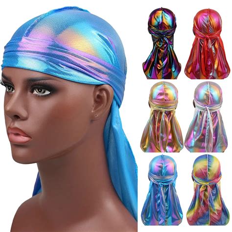 Colorful Sparkly Durags Turban Hat Unisex Bandana Shiny Silky Long Tail