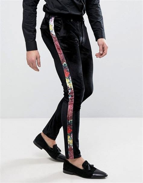 Asos Super Skinny Suit Pants In Black Velvet With Floral Side Stripe