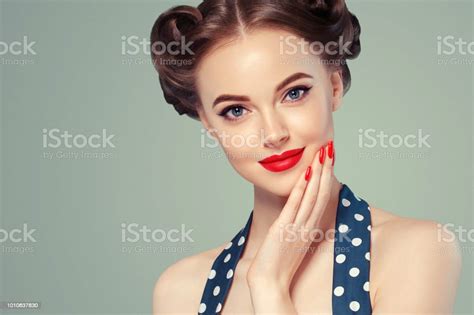 Pin Up Girl Vintage Beautiful Woman Pinup Style Portrait In Retro Dress