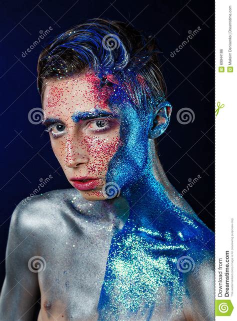 Crazy Young Androgyne Man With Face Art Spaceman Freak Person Stock