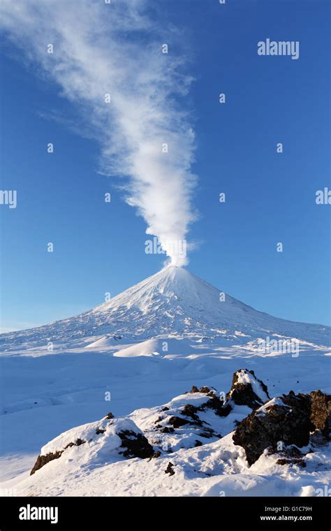 Volcanic Landscape Of Kamchatka View Of Beautiful Eruption Active Klyuchevskaya Sopka