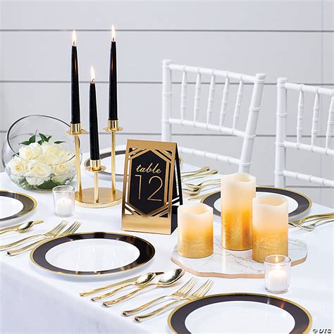 Premium Black And White Plastic Dinner Plates With Gold Border 25 Ct