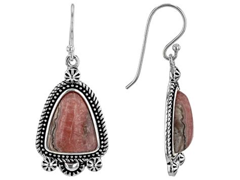 Pink Triangular Rhodochrosite Rhodium Over Sterling Silver Earrings