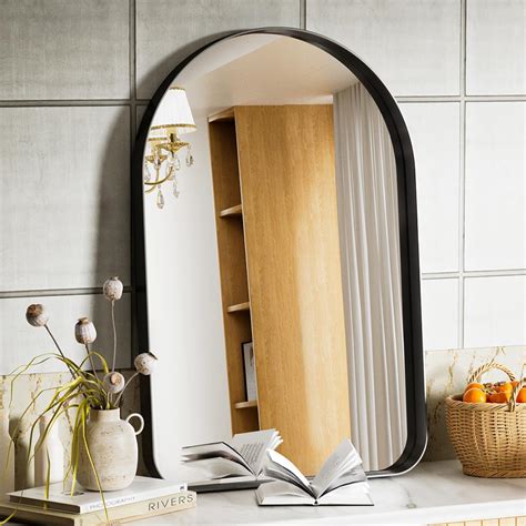 Voobang 24 X36 Bathroom Mirror Black Deep Frame Arched Wall Mirror Modern Round