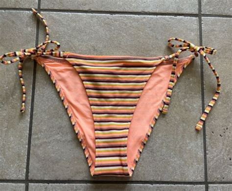 Aerie Bikini Bottom String Striped Cheeky Small Brown Orange Green