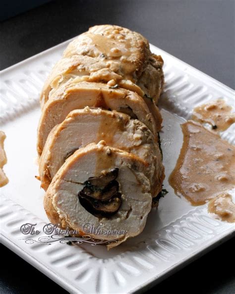 Chicken Roulade Stuffed With Mushroom Wilted Arugula And Shallots