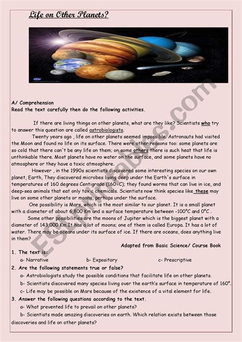 Is Life Possible On The Other Planets Esl Worksheet By Meriem