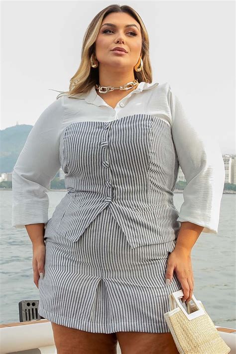 Conjunto Plus Size Listrado Azul Vk Moda Plus Size