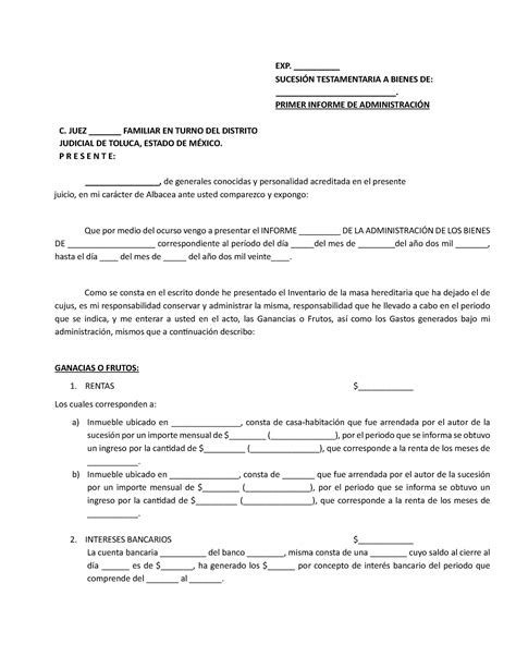 Formato del Informe Albacea rendición de cuentas EXP