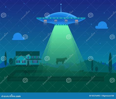 Cartoon Aliens Spaceship Or Ufo Takes Cow Vector Stock Vector