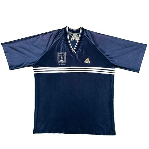 80s/90s Adidas Navy 'San Rafael' Shiny Soccer Jersey- L – Plum Garments