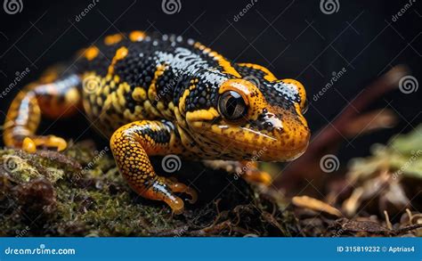 close    vibrant fire salamander   dark forest habitat  stock