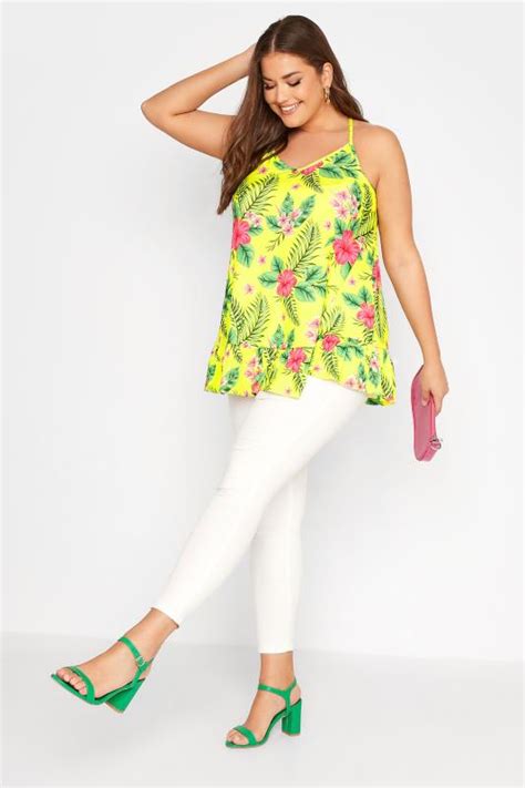 Plus Size Bright Yellow Tropical Print Frill Hem Cami Top Yours Clothing