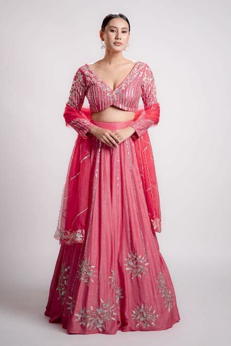 Buy Pink Sola Silk Organza Hand Embroidery Pearl V Floral Lehenga Set