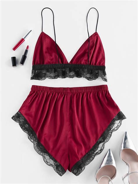 Zaful Satin Lace Panel Scalloped Two Piece Pajama Set Firebrick Satin