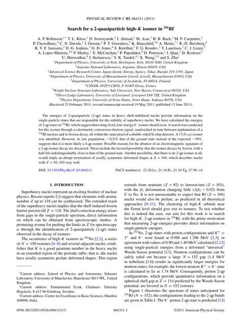 PDF Search For A 2 Quasiparticle High K Isomer In 256Rf