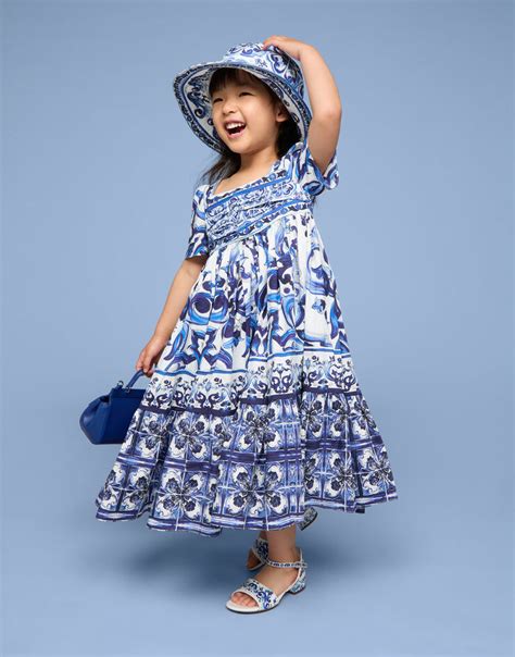 Long Majolica Print Poplin Dress In Multicolor For Girls Dolceandgabbana®