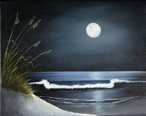 Moonlight Beach Original Oil Painting Stretched Canvas Night Etsy