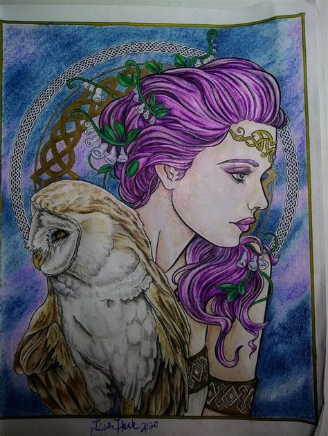 A Drawing Of A Woman With Purple Hair And An Owl