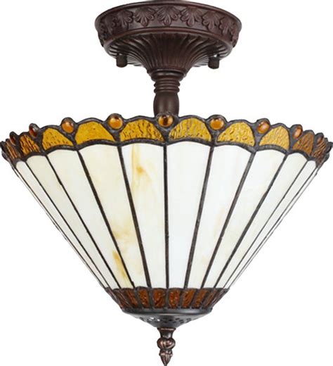 LumiLamp Plafondlamp Tiffany Ø 29x30 cm Beige Bruin Glas Kunststof