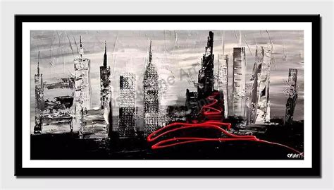 Paper print of black white abstract city painting impasto d palette knife