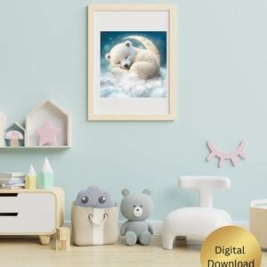 Cute Baby Bear Sleeping On Moon Nursery Art Printable Digital Instant