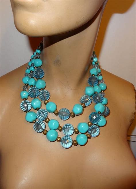 Vintage Chunky Aqua Blue Choker Necklace High Quality 1950s Multi