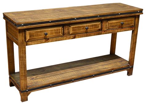 Addison Rustic Pine Wood Sofa Table Console With 3 Drawers Rustic