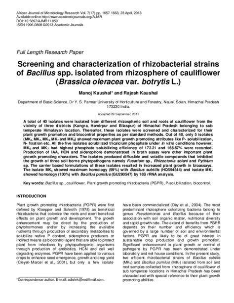 Pdf Screening And Characterization Of Rhizobacterial Strains Of