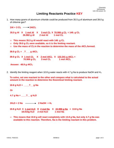 List Of Limiting Reactants Practice Problems Answer Key For Chemistry