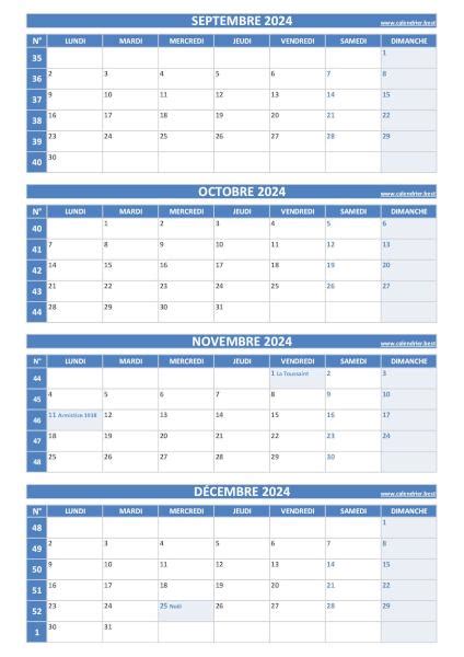 Calendrier pour le 3ème quadrimestre 2024 mois de septembre octobre