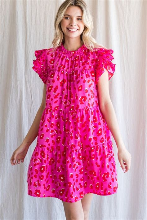 JODIFL Hot Pink Leopard Print Tiered Dress - ShopperBoard