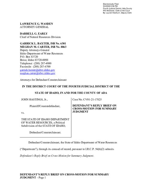 Fillable Online Idwr Idaho Defendant S Reply Brief On Cross Motion For