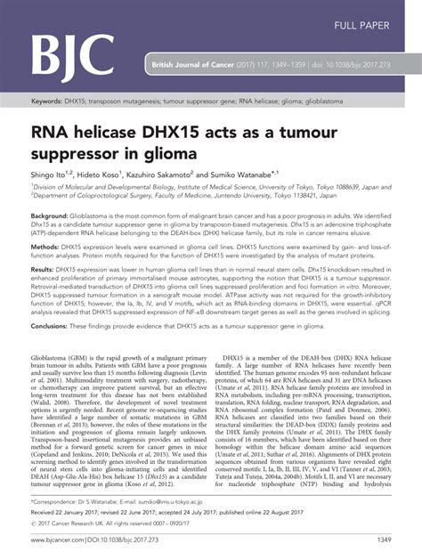 PDF RNA Helicase DHX15 Acts As A Tumour Suppressor In Glioma