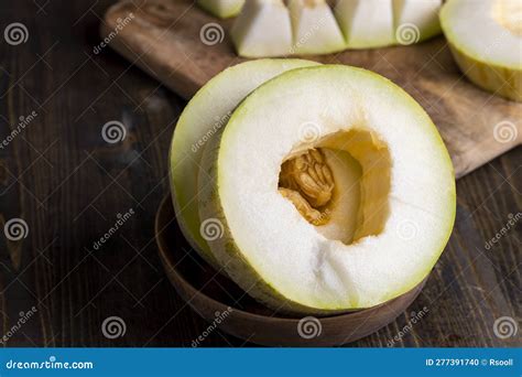 Cut Into Pieces Ripe Yellow Melon With Sweet Pulp Stock Photo Image