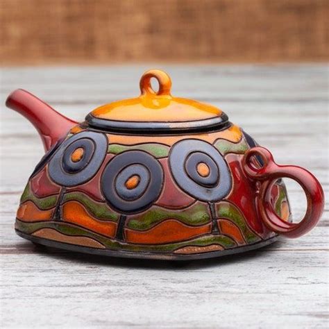 Hand Painted Ceramic Teapot Danko Beige Green White Colors Wheel