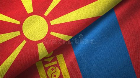 North Macedonia And Mongolia Two Flags Textile Cloth Fabric Texture