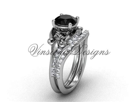 Platinum Diamond Fleur De Lis Wedding Band Eternity Engagement Ring Black Diamond Engagement Set