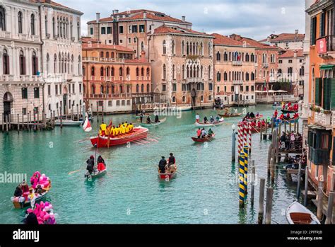 Venice, Italy, Grand canal. Venice carnival opening. Gondola boat water ...