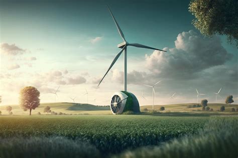 Premium Ai Image Modern Wind Turbine On Green Field Solar Energy