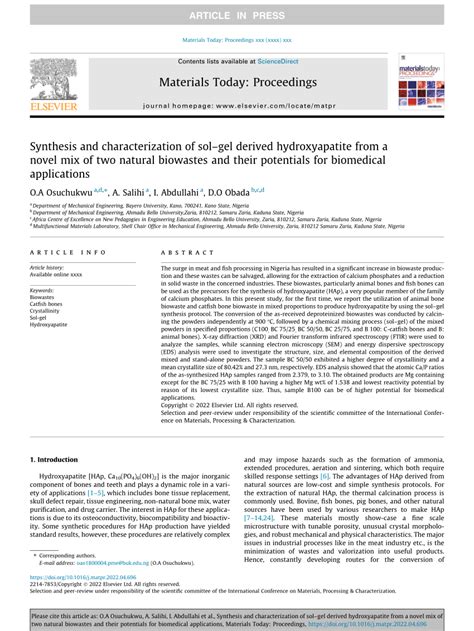 Pdf Synthesis And Characterization Of Solgel Derived Hydroxyapatite From A Novel Mix Of Two