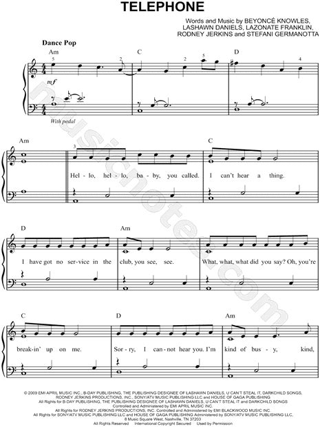 Lady Gaga Telephone Sheet Music Easy Piano In A Minor Transposable