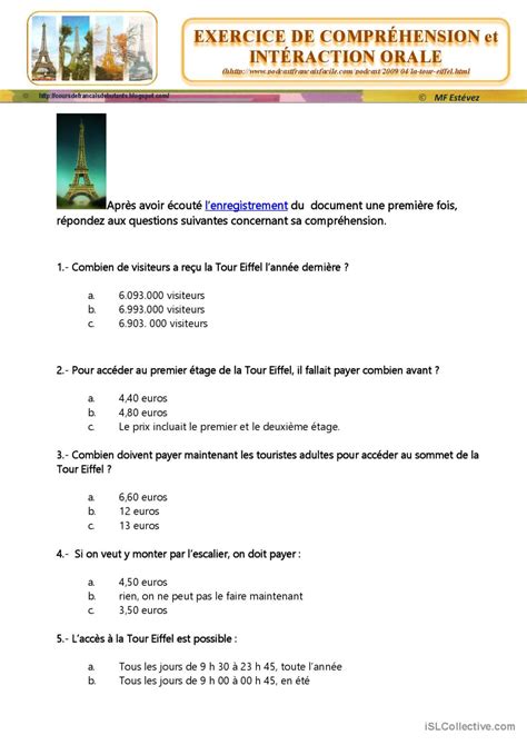 Nouveaux Tarifs Tour Eiffel Pratique… Français Fle Fiches Pedagogiques