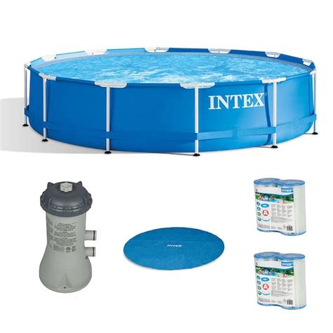 Intex 12 Ft X 12 Ft X 30 In Metal Frame Round Above Ground Pool With Pool Cover In The Above